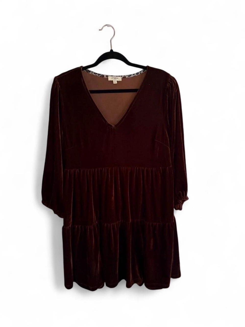 Umgee Brown Velvet Tiered Dress Size M V Neck 3/4 Sleeve Boho Fall Holiday